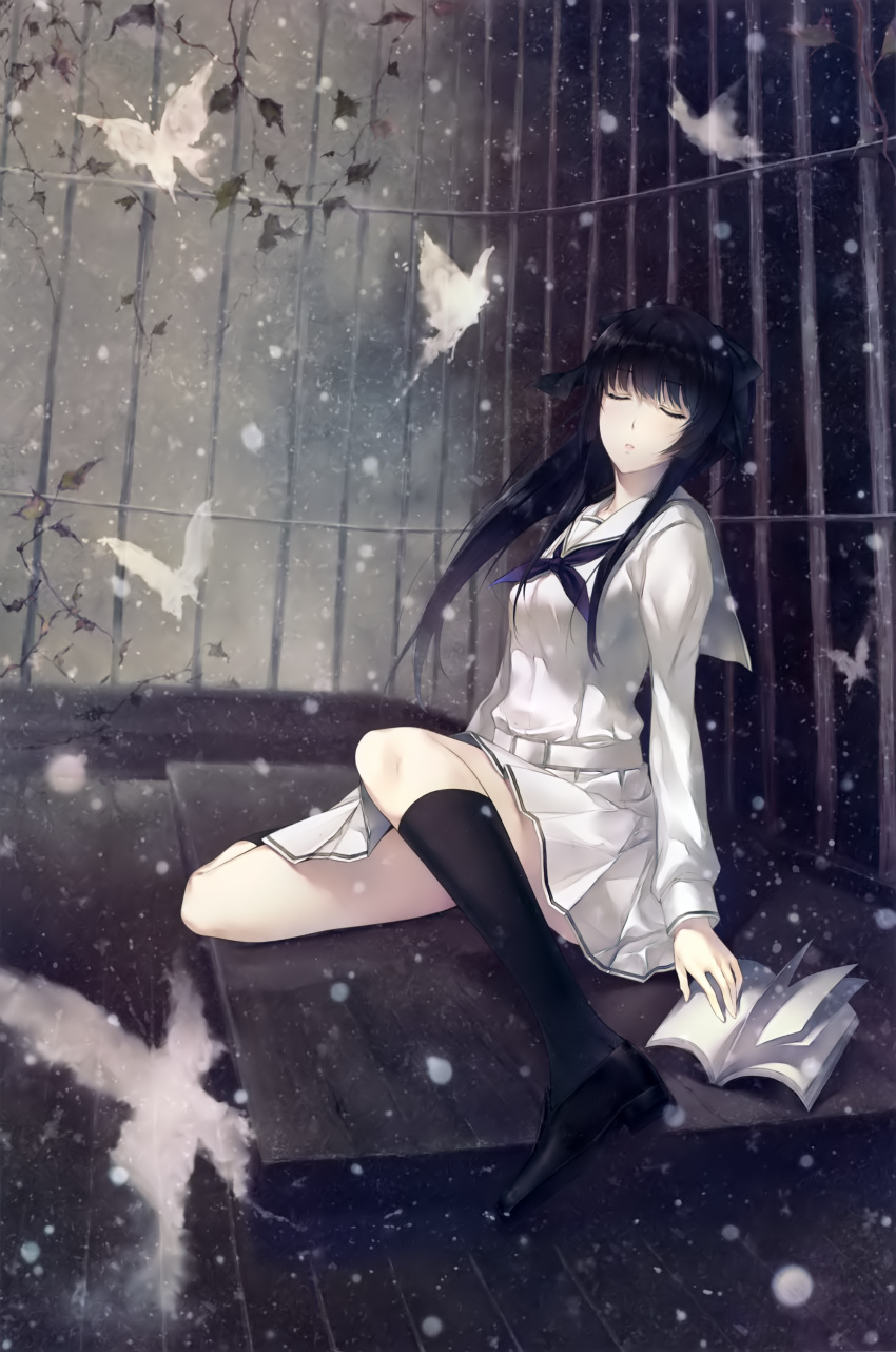 1girl absurdres black_hair book bug butterfly cage closed_eyes full_body highres innocent_grey kara_no_shoujo_2 kayahara_yukiko kneehighs loafers long_hair looking_to_the_side neckerchief official_art open_book scan school_uniform shoes sidelocks sitting skirt snowflakes socks solo sugina_miki white_butterfly white_skirt