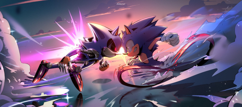 1boy 1other animal_ears artist_name black_sclera blue_fur clouds cloudy_sky colored_sclera dust dust_cloud gloves green_eyes heads_together hedgehog hedgehog_ears hedgehog_tail highres kotoriyrisuet looking_at_another metal_sonic no_mouth red_eyes red_footwear robot running sega shoes sky smile snout sonic_(series) sonic_the_hedgehog sonic_the_hedgehog_(ova) speed_lines sunset tail teeth thrusters white_gloves