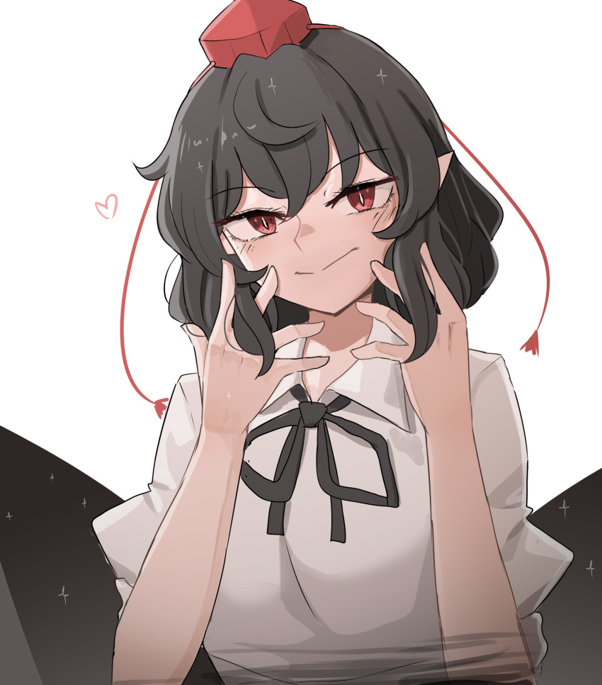 1girl absurdres black_bow black_bowtie black_hair black_wings bow bowtie closed_mouth hat heart highres looking_at_viewer mata_(matasoup) pointy_ears red_eyes shameimaru_aya shirt short_hair short_sleeves simple_background smile solo tokin_hat touhou upper_body white_background white_shirt wings