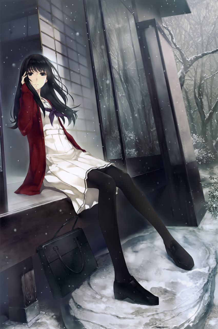 1girl absurdres architecture bag bare_tree black_hair black_pantyhose blue_eyes east_asian_architecture hand_in_own_hair highres innocent_grey jacket kara_no_shoujo_2 kuchiki_touko loafers long_hair looking_to_the_side neckerchief pantyhose red_jacket scan school_bag school_uniform shoes sitting skirt snow snowflakes snowing solo sugina_miki sweater tree winter