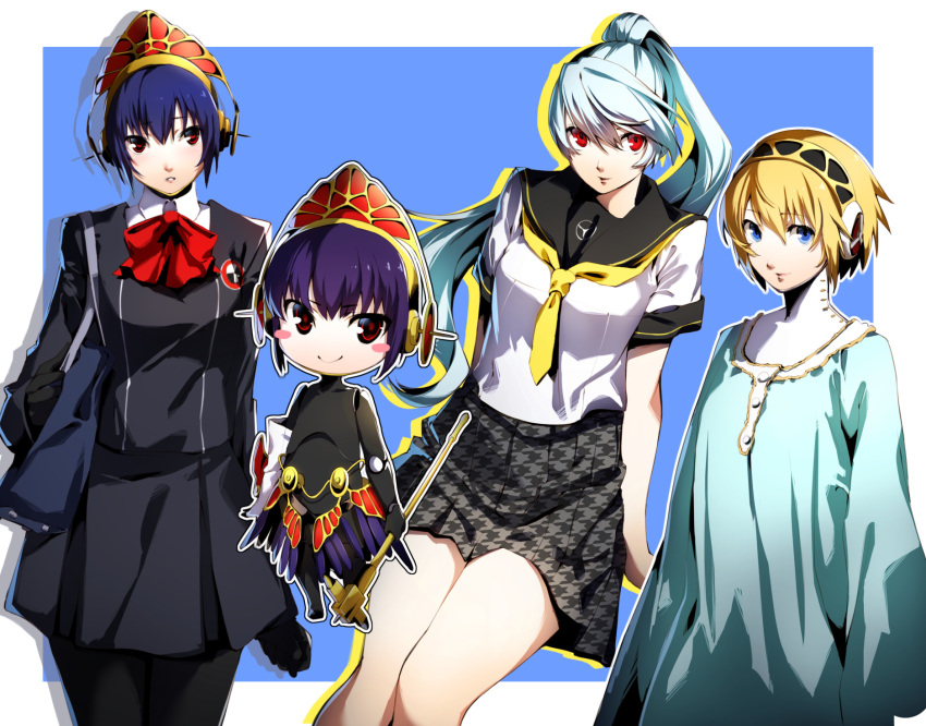 3girls aegis_(persona) alternate_costume android bag black_bag black_hair black_sailor_collar black_shirt black_skirt blonde_hair blue_background blue_dress blue_eyes blue_hair blush_stickers border chibi closed_mouth collared_shirt commentary_request dress gekkoukan_high_school_uniform highres labrys_(persona) long_hair long_sleeves looking_at_viewer metis_(persona) multiple_girls nakano_maru neck_ribbon neckerchief outside_border pantyhose persona persona_3 persona_4 persona_4:_the_ultimate_in_mayonaka_arena ponytail red_eyes red_ribbon ribbon robot_ears sailor_collar school_bag school_uniform shirt short_hair short_sleeves simple_background skirt smile uniform very_long_hair white_border white_shirt yasogami_school_uniform yellow_neckerchief