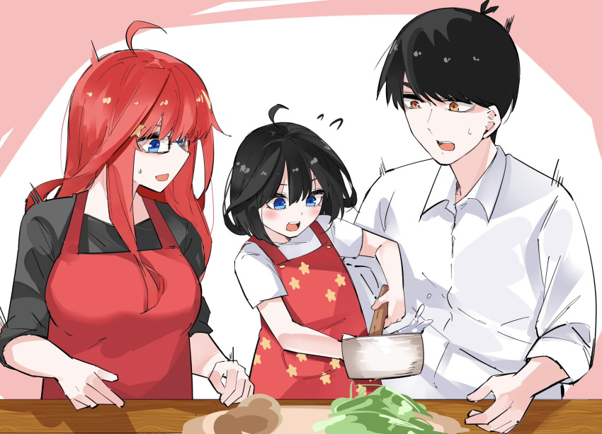 1boy 2girls aged_up ahoge antenna_hair apron black-framed_eyewear black_hair black_shirt blue_eyes blush breasts collared_shirt commentary cooking double-parted_bangs eyebrows_hidden_by_hair family father_and_daughter female_child flying_sweatdrops glasses go-toubun_no_hanayome hair_between_eyes hair_ornament highres large_breasts long_hair long_sleeves looking_at_another looking_at_object mame1645 medium_hair mother_and_daughter multiple_girls nakano_itsuki nose open_mouth red_apron redhead shirt short_hair short_sleeves sidelocks simple_background skirt star_(symbol) star_hair_ornament star_print struggling sweatdrop swept_bangs table teeth uesugi_fuutarou upper_teeth_only white_background white_skirt yellow_eyes