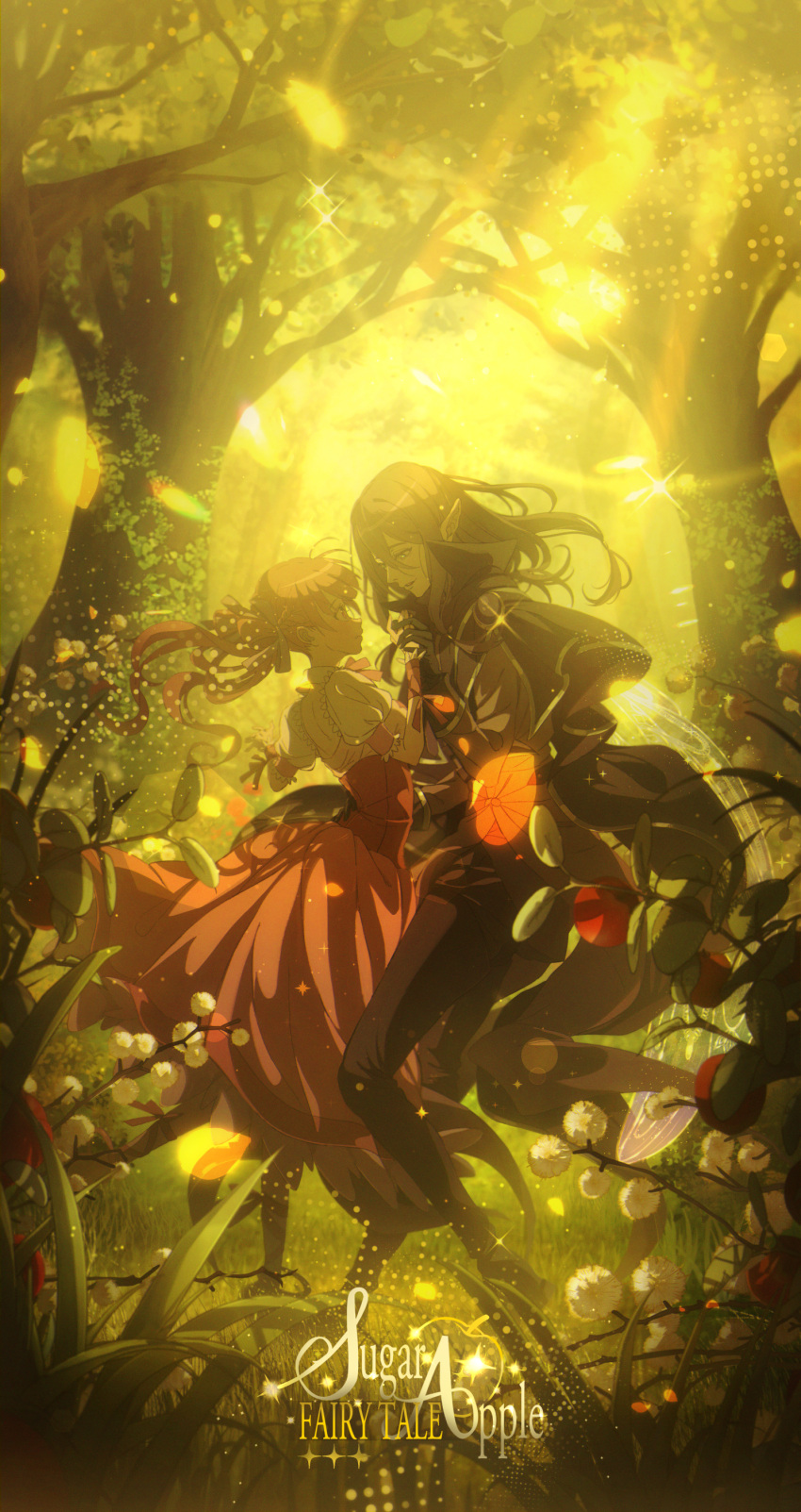 1boy 1girl absurdres ann_halford black_cape black_gloves black_hair brown_hair cape copyright_name dress eye_contact fairy_wings gloves hetero highres holding_hands kagura_kurosaki looking_at_another outdoors petals pointy_ears shall_fen_shall short_sleeves sugar_apple_fairy_tale tree wings yellow_sky