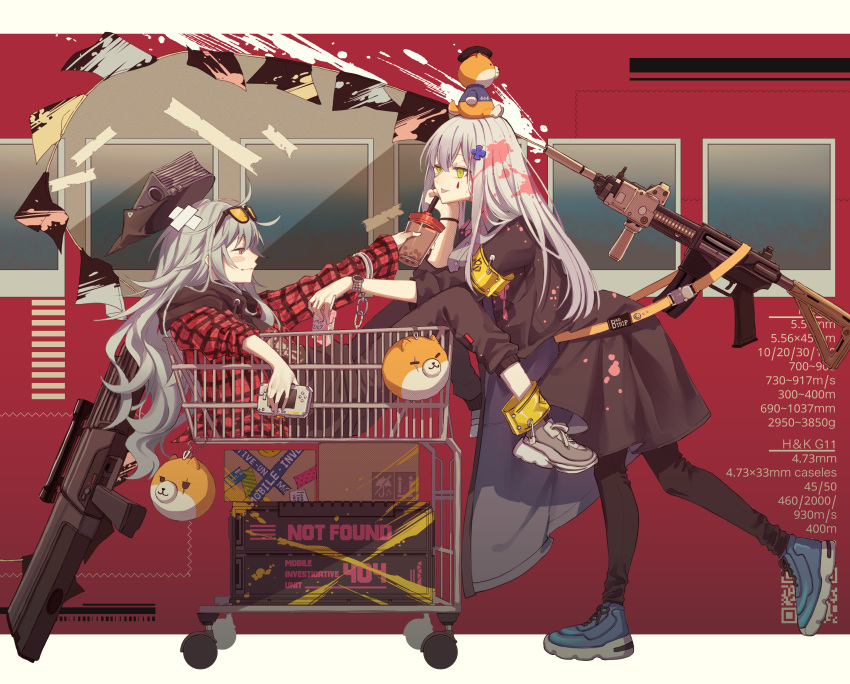 2girls absurdres alternate_costume assault_rifle black_dress black_pants commentary_request cup dress eyewear_on_head g11_(girls'_frontline) girls_frontline green_eyes grey_hair gun h&amp;k_g11 h&amp;k_hk416 handheld_game_console highres hk416_(girls'_frontline) holding holding_cup holding_handheld_game_console jacket long_hair multiple_girls pants plaid plaid_jacket rabb_horn red_jacket rifle shoes shopping_cart sneakers teardrop_facial_mark tongue tongue_out watch watch weapon yellow_armband