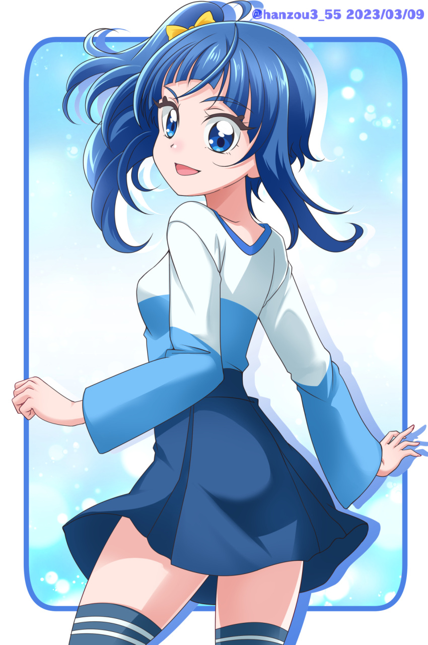 1girl blue_border blue_eyes blue_hair blue_shirt blue_skirt blue_thighhighs border commentary cut_bangs dated from_behind hair_ribbon hanzou highres hirogaru_sky!_precure long_sleeves looking_at_viewer looking_back medium_hair miniskirt open_mouth outside_border pleated_skirt precure ribbon rounded_corners shirt side_ponytail silhouette single_sidelock skirt smile solo sora_harewataru standing thigh-highs twitter_username yellow_ribbon