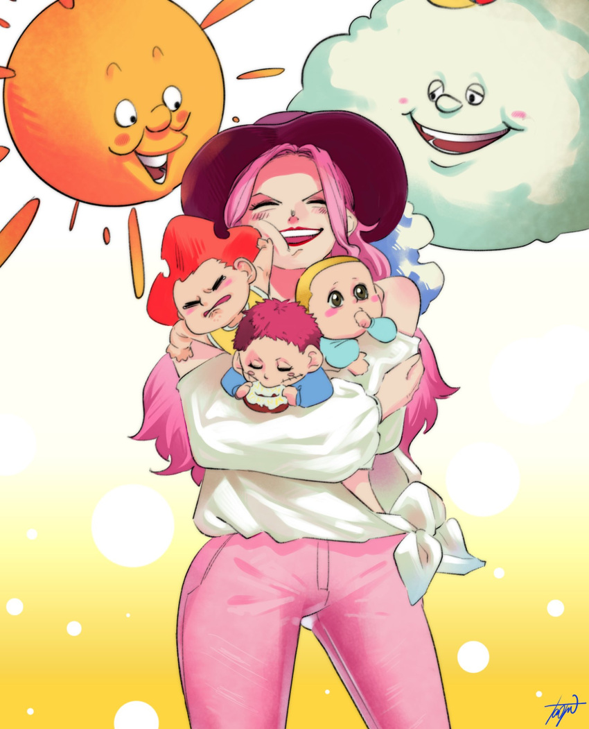 1girl 3boys aged_down baby bare_shoulders blonde_hair blouse blush blush_stickers carrying charlotte_daifuku charlotte_katakuri charlotte_linlin charlotte_oven cheek_press closed_eyes clouds doughnut eating food hat highres hug lipstick long_hair long_sleeves looking_at_another makeup mature_female mother_and_son multiple_boys off_shoulder one_piece open_mouth pants pink_hair pink_pants prometheus_(one_piece) redhead shirt short_hair signature smile struggling sun taoru_(taoru0239) tearing_up v-shaped_eyebrows very_short_hair zeus_(one_piece)