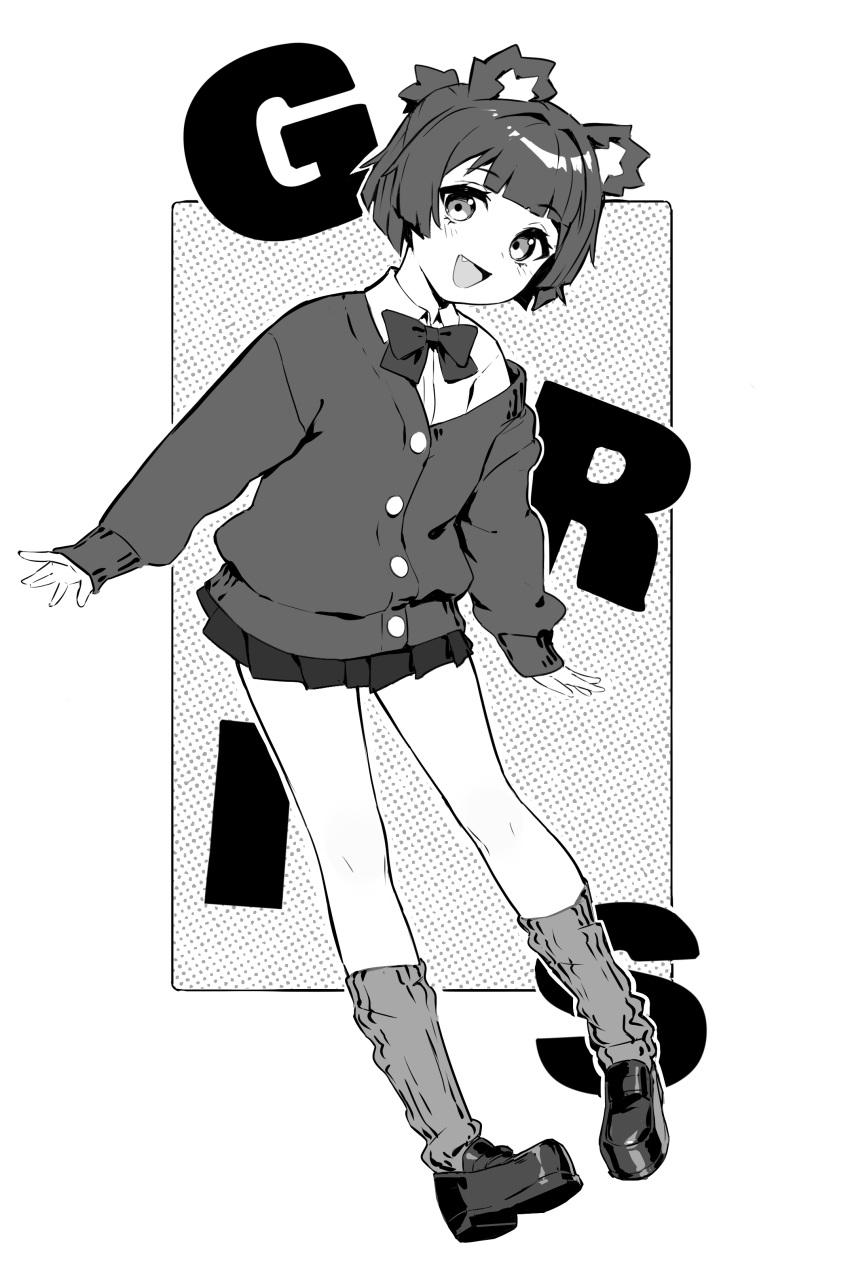 1girl absurdres animal_ears blush bow bowtie character_name collared_shirt fang full_body greyscale gris_(vertigris) highres leg_warmers long_sleeves looking_at_viewer monochrome open_mouth original pleated_skirt shirt short_hair skirt smile solo vertigris