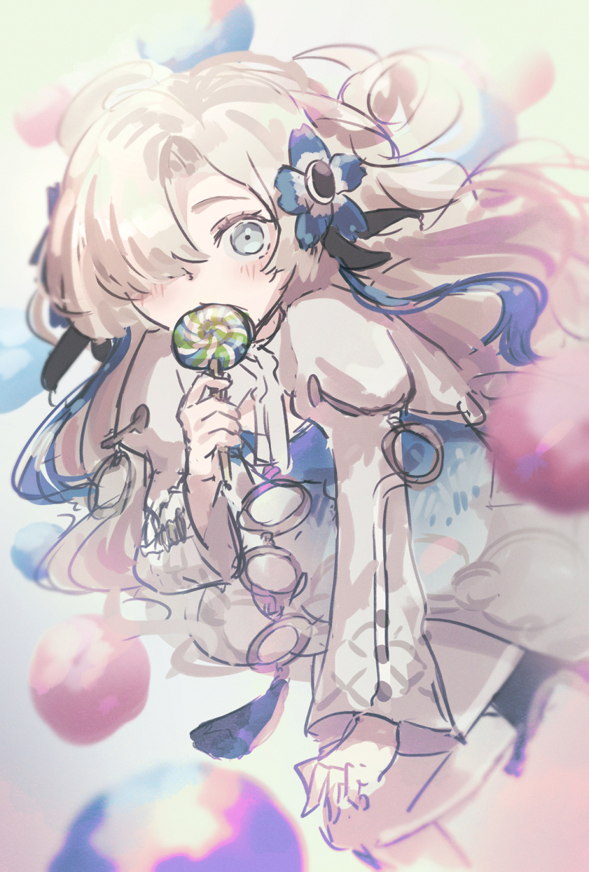 1girl black_footwear blue_dress blue_flower blush boots candy covered_mouth dress flower food grey_eyes grey_hair hair_flower hair_ornament hair_over_one_eye hand_up highres holding holding_candy holding_food holding_lollipop isekai_joucho juliet_sleeves kamitsubaki_studio lollipop long_hair long_sleeves looking_at_viewer pantyhose puffy_sleeves rice_(okome_no_naru_ki) solo standing standing_on_one_leg swirl_lollipop very_long_hair virtual_youtuber white_pantyhose