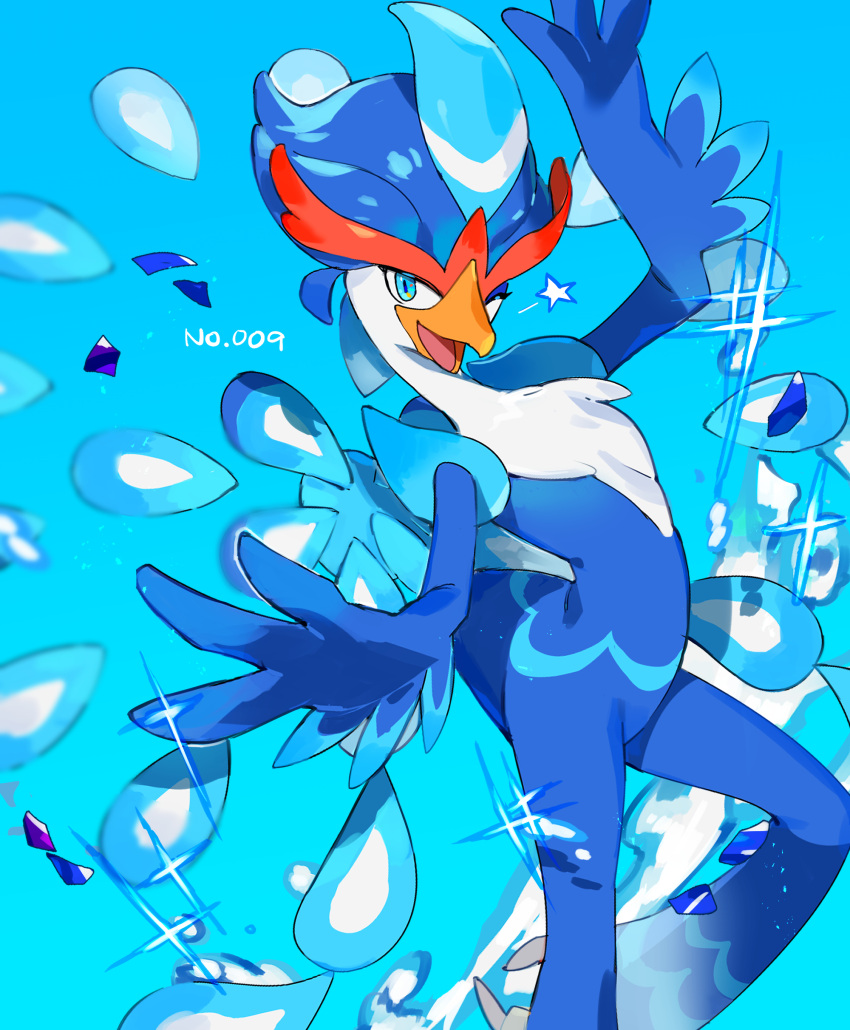 absurdres aooni blurry blurry_background highres looking_at_viewer no_humans one_eye_closed open_mouth pokemon pokemon_(creature) quaquaval simple_background solo star_(symbol) water_drop