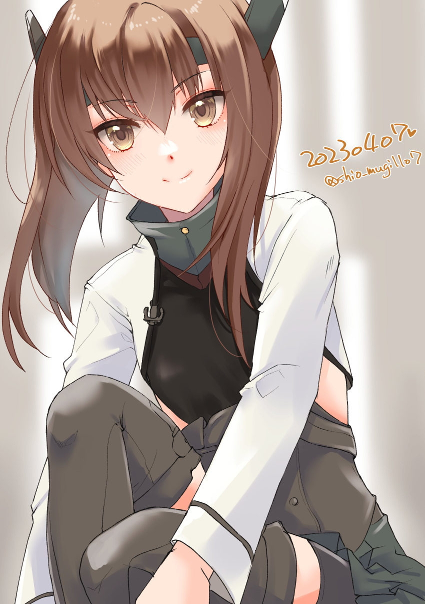 1girl absurdres bike_shorts blush brown_eyes brown_hair flat_chest hair_between_eyes hakama hakama_short_skirt hakama_skirt headband headgear highres japanese_clothes kantai_collection long_hair long_sleeves looking_at_viewer pleated_skirt shio_mugi1107 short_hair shorts shorts_under_skirt sitting skirt smile solo taihou_(kancolle) thigh-highs