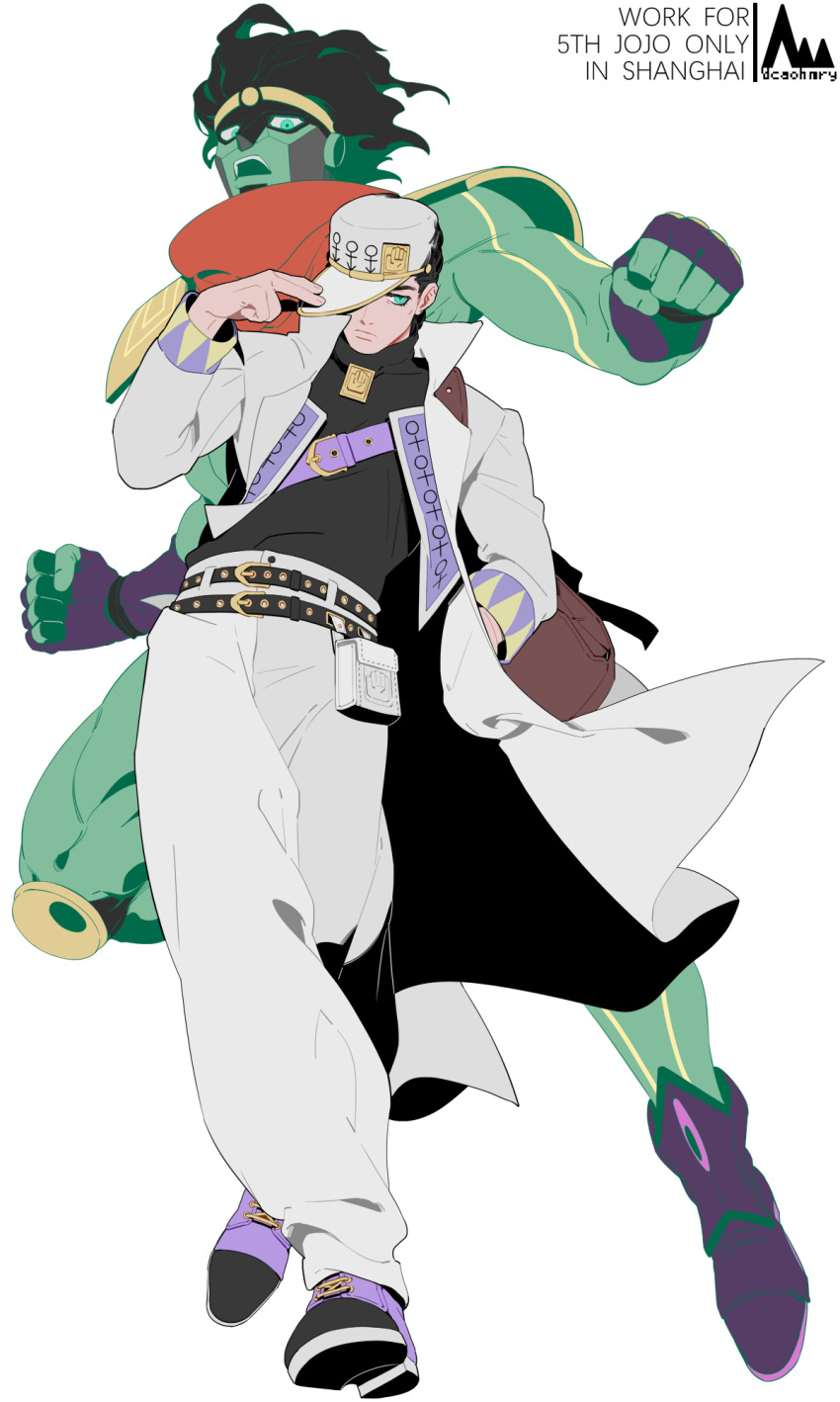 2boys adjusting_hair armor black_hair boots coat colored_skin diamond_wa_kudakenai fingerless_gloves floating_hair gloves green_eyes green_skin hand_in_pocket hat hat_over_one_eye highres jojo_no_kimyou_na_bouken knee_pads kujo_jotaro long_coat long_hair male_focus morikiri multiple_boys no_pants pauldrons red_scarf scarf shoulder_armor stand_(jojo) star_platinum triangle_print turtleneck vest white_coat