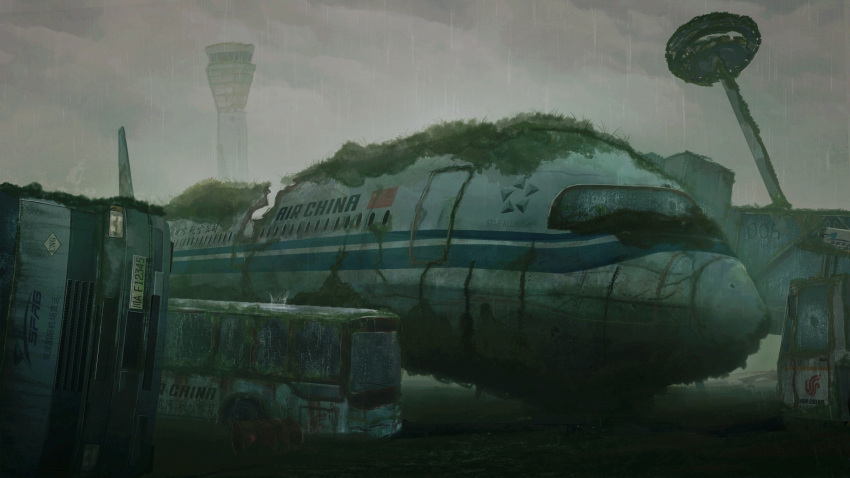 air_china aircraft airplane airport bus drum_(container) highres license_plate motor_vehicle no_humans original outdoors post-apocalypse ptsd0818 rain scenery science_fiction