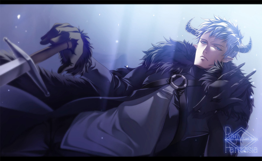 1boy black_gloves black_horns copyright_name day dutch_angle frown fur_trim gloves horns killingrock leon_the_southern_conquest_general male_focus o-ring outdoors pixiv_fantasia pixiv_fantasia_last_saga pointy_ears snow solo standing sword weapon white_hair