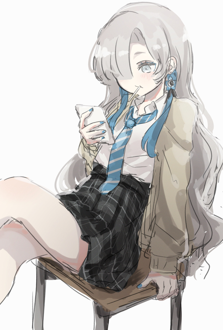 1girl :t black_skirt blue_flower blue_hair blue_necktie blush brown_jacket cellphone chair closed_mouth collared_shirt crossed_legs diagonal-striped_necktie feet_out_of_frame flower grey_eyes grey_hair hair_over_one_eye highres holding holding_phone isekai_joucho jacket kamitsubaki_studio long_hair looking_away mouth_hold multicolored_hair necktie on_chair open_clothes open_jacket phone pleated_skirt rice_(okome_no_naru_ki) school_chair school_uniform shirt simple_background sitting sketch skirt solo streaked_hair very_long_hair virtual_youtuber white_background white_shirt