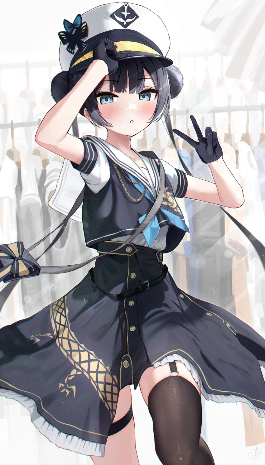 1girl absurdres adjusting_clothes adjusting_headwear alternate_costume bag belt black_gloves black_hair blue_archive blunt_bangs blurry casual clothes_shop commentary_request depth_of_field double_bun gloves hair_between_eyes hair_bun halo handbag hat hidulume highres holding holding_clothes holding_hat indoors kisaki_(blue_archive) long_hair looking_at_viewer parted_lips peaked_cap sailor_collar short_sleeves single_thighhigh solo thigh-highs thighlet twintails v
