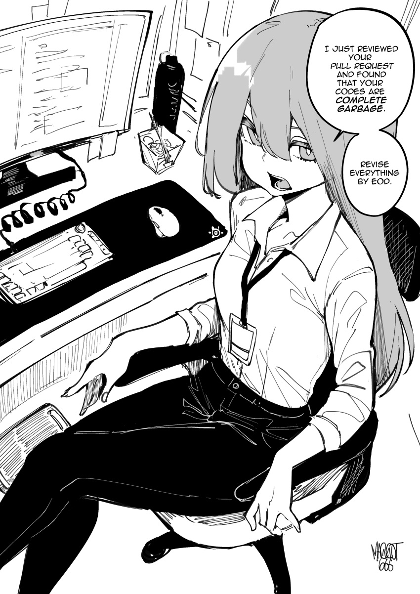 1girl absurdres collared_shirt computer english_commentary english_text greyscale hair_between_eyes highres keyboard_(computer) lanyard long_hair looking_at_viewer melissa_renata monochrome mouse_(computer) norman_maggot office_lady original pants petite shirt shirt_tucked_in sitting solo