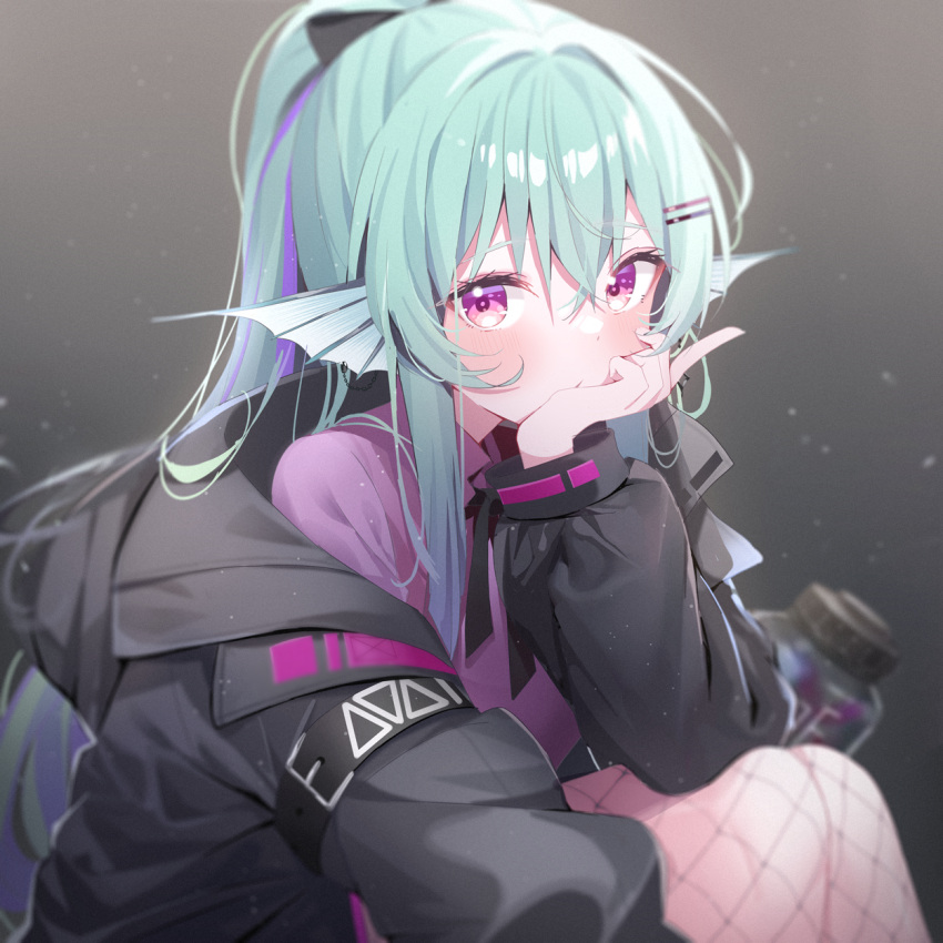 1girl black_bow black_jacket black_ribbon blush bow closed_mouth collared_shirt commentary_request deyui feet_out_of_frame finana_ryugu fish_girl fishnet_pantyhose fishnets green_hair grey_background hair_between_eyes hair_bow hair_ornament hairclip hand_up head_fins highres jacket knees_up long_hair long_sleeves looking_at_viewer multicolored_hair neck_ribbon nijisanji nijisanji_en off_shoulder open_clothes open_jacket pantyhose ponytail puffy_long_sleeves puffy_sleeves purple_hair purple_shirt ribbon shirt sitting solo streaked_hair very_long_hair violet_eyes virtual_youtuber