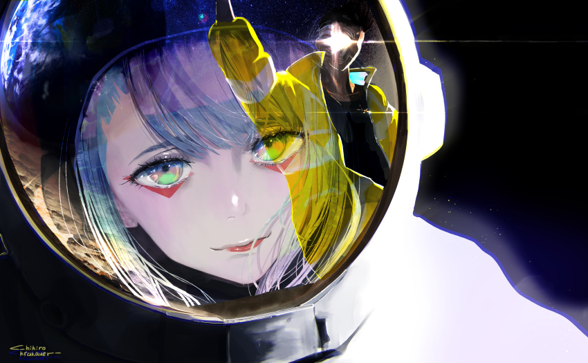 1boy 1girl absurdres arm_up blue_hair chihirokrakauer closed_mouth cyberpunk_(series) cyberpunk_edgerunners david_martinez earth_(planet) highres jacket long_sleeves looking_at_viewer lucy_(cyberpunk) open_clothes open_jacket planet red_lips reflection signature smile space spacesuit star_(sky) waving yellow_jacket