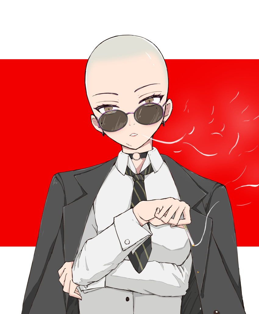 1girl bald bald_girl necktie smoking suit