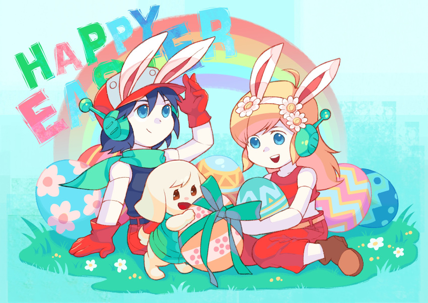 1boy 2girls ahoge android animal_ear_hairband animal_ears ankle_boots artist_request bare_arms bare_shoulders baseball_cap belt black_belt black_hair black_shirt blonde_hair blue_background blue_eyes boots brown_boots brown_eyes cave_story collarbone colored_skin commentary crop_top crop_top_overhang dot_nose easter easter_egg egg english_commentary english_text fake_animal_ears floppy_ears flower furry furry_female gloves grass green_ribbon green_scarf green_vest hair_between_eyes hair_flower hair_ornament hairband hand_on_ground happy_easter hat highres joints legs_apart long_hair metal_skin midriff mimiga multiple_girls no_nose official_art open_mouth padded_vest pants pocket quote_(cave_story) rabbit_ear_hairband rabbit_ears rainbow red_gloves red_hat red_pants red_tank_top ribbon robot_ears robot_joints scarf second-party_source shirt short_hair short_tail sidelocks simple_background sitting sleeveless sleeveless_shirt smile standing tail tank_top toroko upturned_eyes vest wariza white_flower white_fur white_hairband white_skin white_tail yellow_belt