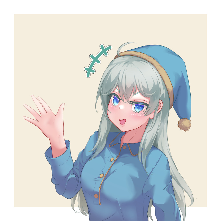 +++ 1girl ahoge arm_at_side assault_lily blue_eyes blue_headwear blue_pajamas blue_shirt border breasts brown_background buttons commentary_request grey_hair hair_down hand_up hat highres kanabako_misora long_hair long_sleeves looking_at_viewer medium_breasts nightcap open_hand open_mouth outside_border pajamas pom_pom_(clothes) shirt sidelocks simple_background smirk solo ueharu upper_body white_border