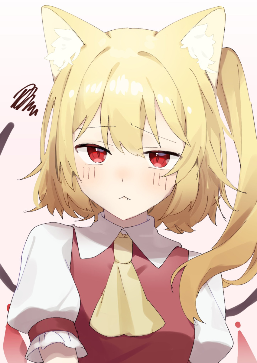 1girl :&lt; animal_ear_fluff animal_ears ascot blush cat_day cat_ears cat_girl collared_shirt commentary crystal double-parted_bangs fang flandre_scarlet hair_between_eyes highres long_hair pink_background puffy_short_sleeves puffy_sleeves red_eyes red_vest ribbon-trimmed_sleeves ribbon_trim shirt short_sleeves side_ponytail simple_background slit_pupils solo spiky_hair squiggle straight-on suikario touhou upper_body vest white_shirt wings yellow_ascot