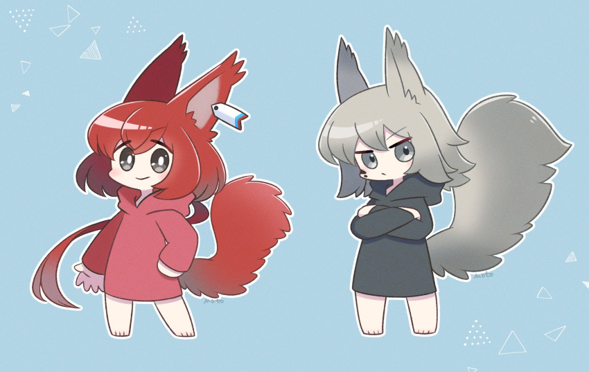 2girls animal_ears arknights ashlock_(arknights) black_sweater blue_eyes blush chibi crossed_arms flametail_(arknights) grey_eyes hand_on_own_hip highres hood hood_down hooded_sweater long_hair long_sleeves looking_at_viewer medium_hair mooootmt multiple_girls oripathy_lesion_(arknights) red_sweater simple_background smile squirrel_ears squirrel_girl squirrel_tail standing sweater tail