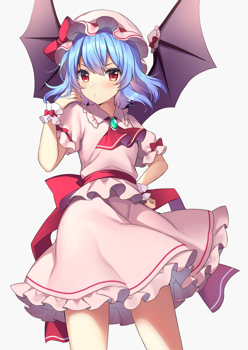 1girl absurdres ascot bat_wings black_wings blue_hair blush bow brooch closed_mouth collared_shirt commentary cowboy_shot dot_mouth frilled_shirt_collar frilled_skirt frilled_sleeves frills hair_between_eyes hand_on_own_hip hand_up hat hat_ribbon highres jewelry looking_at_viewer mob_cap pink_headwear pink_shirt pink_skirt puffy_short_sleeves puffy_sleeves red_ascot red_bow red_eyes red_ribbon remilia_scarlet ribbon ruhika shirt short_hair short_sleeves simple_background skirt solo touhou waist_bow white_background wings wrist_cuffs