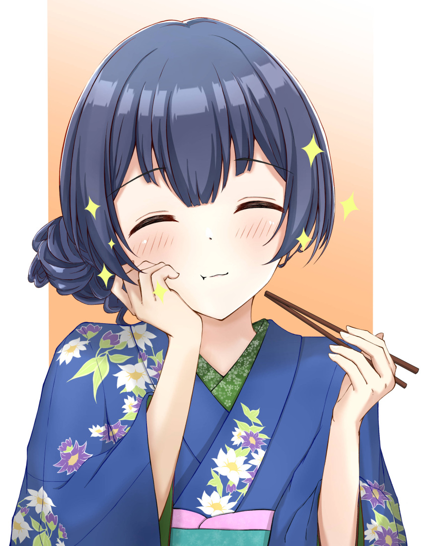 1girl absurdres black_hair blue_kimono blush chopsticks closed_mouth dot_nose eating floral_print gradient_background hair_between_eyes hair_bun hand_on_own_face happy highres holding holding_chopsticks idolmaster idolmaster_shiny_colors japanese_clothes kimono long_sleeves looking_at_viewer morino_rinze obi obiage orange_background sash short_hair simple_background smile solo sparkle zerox_ilst