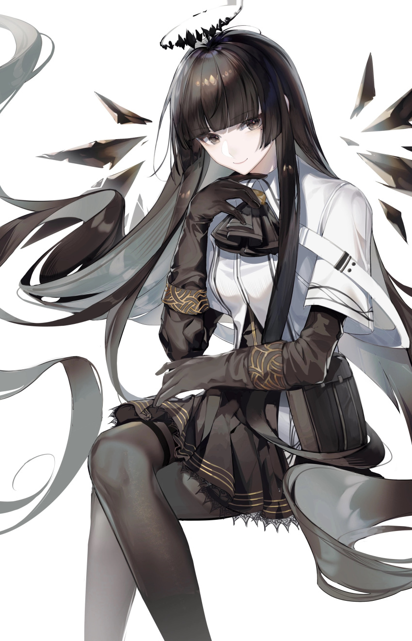 1girl absurdres arknights arturia_(arknights) ascot black_ascot black_eyes black_gloves black_hair black_pantyhose black_skirt blunt_bangs closed_mouth collared_jacket commentary_request crossed_legs dark_halo energy_wings feet_out_of_frame gloves halo hand_up highres hime_cut jacket long_hair looking_at_viewer mole mole_under_eye morales_(morales38643) pantyhose pouch simple_background skirt smile solo very_long_hair white_background white_jacket