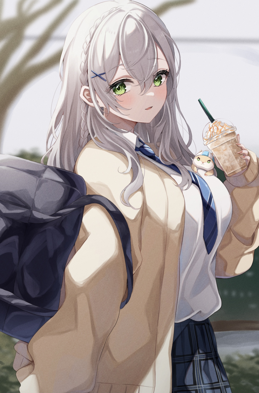 1girl absurdres alternate_costume backpack bag black_bag blue_necktie blue_skirt braid cardigan casual collared_shirt commentary_request cowboy_shot cup disposable_cup drink drinking_straw full_body green_eyes grey_hair hair_between_eyes hair_ornament hairclip highres holding holding_drink hololive long_hair long_sleeves looking_at_viewer milkshake necktie open_cardigan open_clothes open_mouth outdoors plaid plaid_skirt sa-ya2 shirogane_noel shirt shirt_tucked_in skirt smile solo virtual_youtuber white_shirt x_hair_ornament