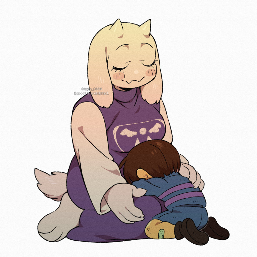 1girl 1other absurdres bandaid bandaid_on_leg blush closed_eyes closed_mouth colored_skin eyelashes fangs frisk_(undertale) furry furry_female highres hug kageimo purple_sweater seiza simple_background sitting skin_fangs smile sweater toriel twitter_username undertale white_background yellow_skin