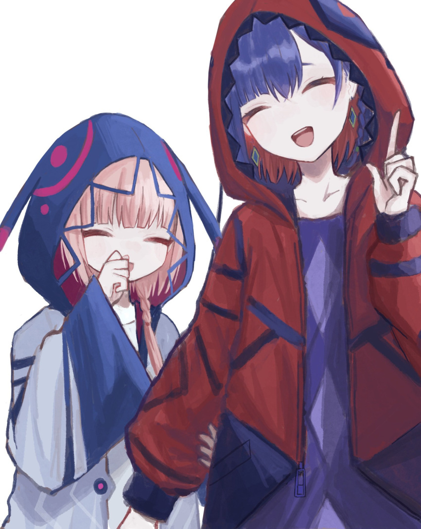 2girls asymmetrical_bangs blue_dress blue_hair blue_jacket braid closed_eyes collarbone colored_inner_hair commentary_request covering_mouth diamond_earrings dress earrings hair_over_shoulder hand_over_own_mouth hand_up head_tilt highres holding_another's_arm hood hood_up hooded_jacket index_finger_raised jacket jewelry kaf_(kamitsubaki_studio) kamitsubaki_studio laughing long_hair long_sleeves multicolored_clothes multicolored_hair multicolored_jacket multiple_girls open_mouth pink_hair puffy_long_sleeves puffy_sleeves raised_eyebrows red_jacket redhead ria_(rian_0210) rim_(kamitsubaki_studio) short_hair side_braid simple_background smile upper_body white_background white_dress white_jacket wide_sleeves