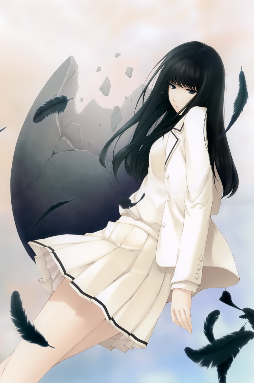 1girl absurdres black_feathers black_hair blazer blue_eyes broken_egg buttons crying crying_with_eyes_open egg eggshell feathers highres innocent_grey jacket kara_no_shoujo kuchiki_touko long_hair looking_back official_art open_clothes open_jacket open_mouth pleated_skirt scan school_uniform skirt solo sugina_miki tears white_skirt