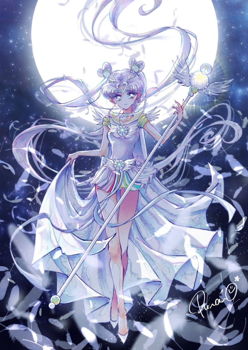 1girl bishoujo_senshi_sailor_moon breasts brooch double_bun falling_feathers full_body full_moon hair_bun hair_ornament high-low_skirt high_heels highres holding holding_staff jewelry long_hair looking_at_viewer medium_breasts moon multicolored_clothes multicolored_skirt parted_bangs punano sailor_cosmos sailor_senshi_uniform short_sleeves signature skirt solo staff twintails very_long_hair white_footwear white_hair winged_hair_ornament
