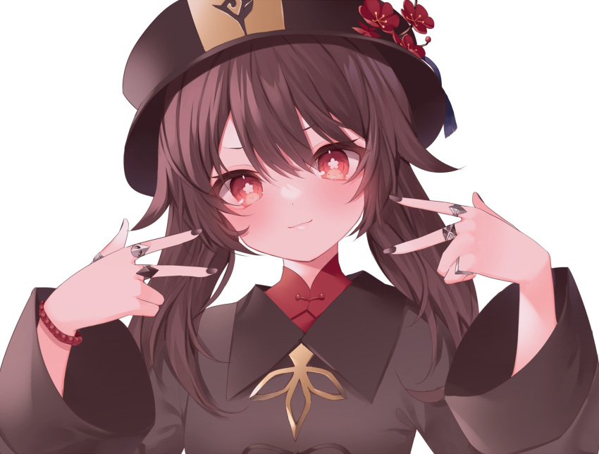 &gt;:) 1girl blush brown_eyes brown_hair brown_headwear brown_nails brown_shirt closed_mouth commentary_request double_v flower genshin_impact hair_between_eyes hat hat_flower head_tilt highres hu_tao_(genshin_impact) jewelry lips long_sleeves looking_at_viewer marurupan nail_polish red_flower ring shirt simple_background smile smug solo symbol-shaped_pupils upper_body v v-shaped_eyebrows w_arms white_background wide_sleeves wing_collar