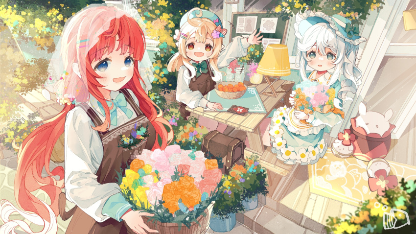 3girls :d alternate_costume alternate_eye_color alternate_hair_color apron backpack bag bag_removed bench blunt_bangs bouquet casual commentary_request contemporary dodoco_(genshin_impact) dress genshin_impact grey_eyes hair_between_eyes hair_ornament hairclip hat highres holding holding_bouquet jumpy_dumpty klee_(genshin_impact) light_brown_hair long_hair long_sleeves looking_at_viewer low_twintails multiple_girls nahida_(genshin_impact) nilou_(genshin_impact) orange_eyes outdoors pinafore_dress plant pointy_ears potted_plant redhead side_ponytail sidelocks sitting sleeveless sleeveless_dress smile sun_hat table twintails veil waving white_hair xianyuzi