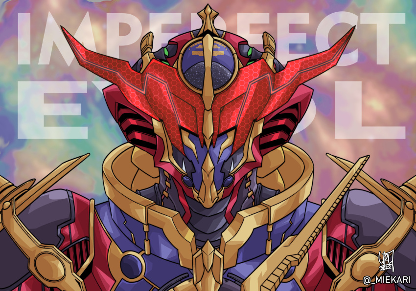 1boy 2022 absurdres blue_armor cobra_(animal) collar compound_eyes english_text evolto gold_armor highres kamen_rider kamen_rider_build_(series) kamen_rider_evol mie_kari multicolored_background red_eyes science_fiction solo tokusatsu twitter_username