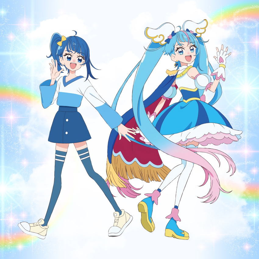 2girls absurdres ahoge blue_cape blue_eyes blue_skirt blue_thighhighs bow cape cure_sky detached_sleeves dual_persona earrings full_body gradient_hair hair_bow highres hirogaru_sky!_precure jewelry long_hair long_sleeves magical_girl multicolored_hair multiple_girls official_art open_mouth pink_hair precure puffy_detached_sleeves puffy_sleeves side_ponytail single_earring single_sidelock skirt smile sora_harewataru thigh-highs third-party_source twintails two-sided_cape two-sided_fabric very_long_hair wing_hair_ornament yellow_bow yellow_footwear