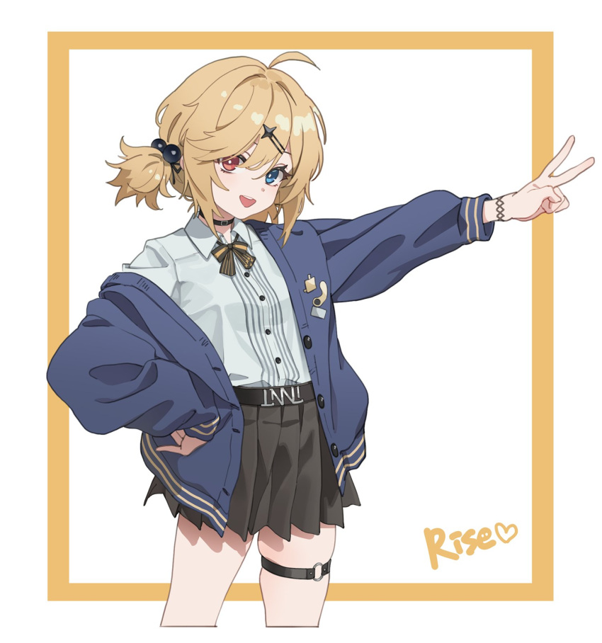 1girl ahoge black_skirt blonde_hair blue_eyes blue_sweater border cardigan character_name choker collared_shirt cowboy_shot girls'_frontline_neural_cloud girls_frontline hair_bobbles hair_ornament hairclip hand_on_own_hip heterochromia highres long_sleeves looking_at_viewer medium_hair mg36_(girls'_frontline) off_shoulder official_alternate_costume open_cardigan open_clothes open_mouth pleated_skirt red_eyes rise_(girls'_frontline_nc) rise_(holidays_tomorrow!)_(girls'_frontline_nc) school_uniform shirt simple_background skirt smile solo sweater thigh_strap v white_background white_shirt yellow_border zzzearly