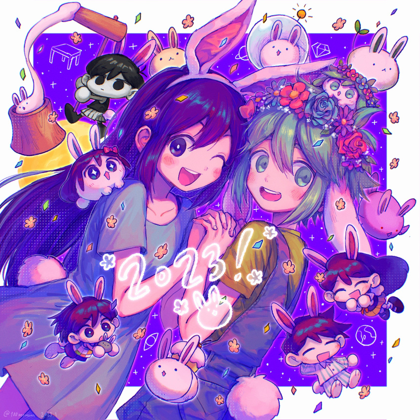 100momom 2023 2girls 4boys animal_ears aubrey_(omori) basil_(omori) black_eyes black_hair blue_shirt blush brown_skirt chibi chinese_zodiac closed_eyes closed_mouth collarbone colored_skin cupcake_bunny_(omori) facing_another forest_bunny_(omori) green_eyes green_hair hero_(omori) highres kel_(omori) long_hair long_sleeves looking_at_viewer mari_(omori) multiple_boys multiple_girls neckerchief omori omori_(omori) open_mouth pleated_skirt purple_hair rabbit_ears rabbit_tail red_neckerchief shirt short_hair short_sleeves skirt smile space_bunny_(omori) tail teeth upper_teeth_only violet_eyes white_skin year_of_the_rabbit