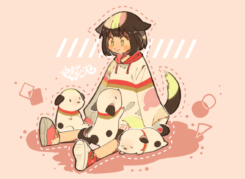 1girl :&gt; animal_ears blush_stickers bright_pupils brown_hair dog dog_ears dog_tail dotted_line full_body green_eyes hood hoodie long_sleeves medium_hair on_ground original pink_background puppy red_footwear shoe_soles shoes sitting sneakers solo tail tenteko_mai51 translation_request white_hoodie