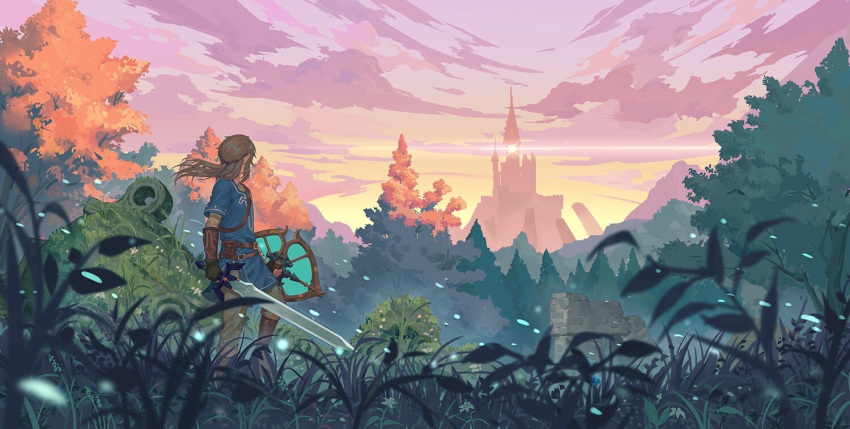 1boy blue_tunic castle clouds forest gradient_sky grass holding holding_shield holding_sword holding_weapon iketsumi light_brown_hair link looking_afar master_sword medium_hair nature ponytail ruins scenery shield sky sunset sword the_legend_of_zelda the_legend_of_zelda:_breath_of_the_wild tree weapon wide_shot