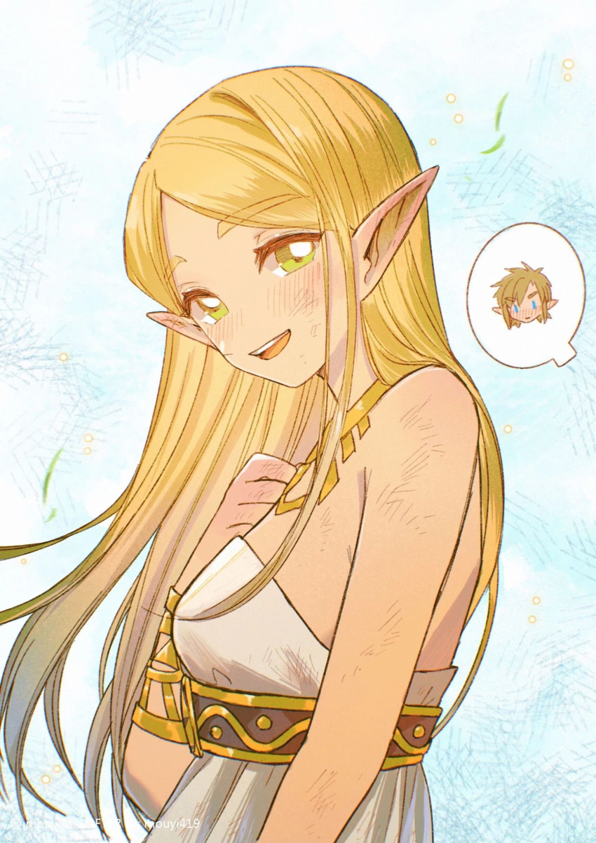 1boy 1girl absurdres bare_shoulders blonde_hair blue_eyes blush bracer breasts dirty dirty_clothes dirty_face dress gold_necklace green_eyes hand_on_own_chest highres jewelry link long_hair looking_at_viewer medium_breasts mouyi necklace open_mouth parted_bangs pointy_ears princess_zelda smile solo_focus strapless strapless_dress the_legend_of_zelda the_legend_of_zelda:_breath_of_the_wild thick_eyebrows upper_body white_dress