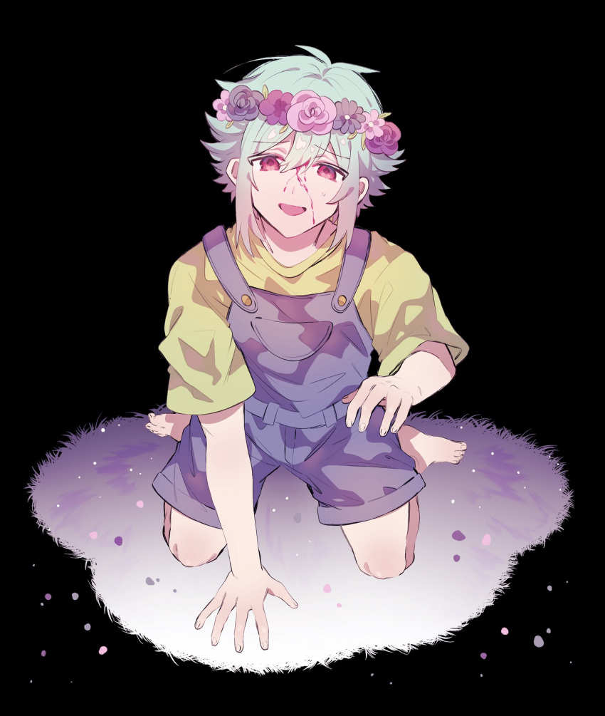 1boy barefoot basil_(omori) blood blood_on_face blue_overalls flower green_hair head_wreath highres kneeling looking_at_viewer ma2uwa omori open_mouth overall_shorts overalls red_eyes shirt short_hair short_sleeves smile solo spoilers yellow_shirt