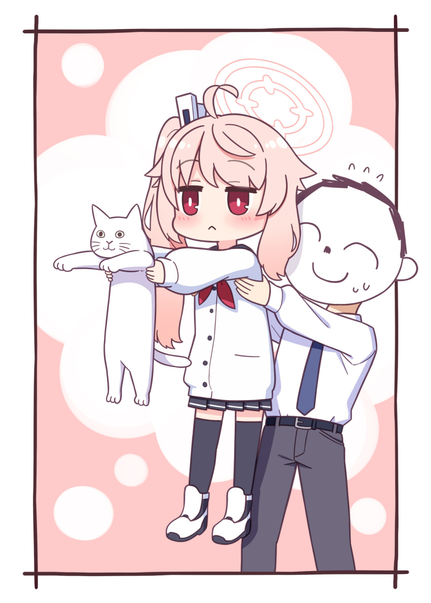 1boy 1girl :&lt; ahoge animal arona's_sensei_doodle_(blue_archive) black_pants black_skirt black_thighhighs blue_archive blue_necktie blush cardigan cat closed_eyes closed_mouth commentary_request flying_sweatdrops halo harada_(sansei_rain) highres holding holding_animal lifting_person long_hair long_sleeves natsu_(blue_archive) necktie pants pink_hair pleated_skirt puffy_long_sleeves puffy_sleeves red_eyes sensei_(blue_archive) shoes side_ponytail skirt sleeves_past_wrists standing sweat thigh-highs very_long_hair white_cardigan white_cat white_footwear