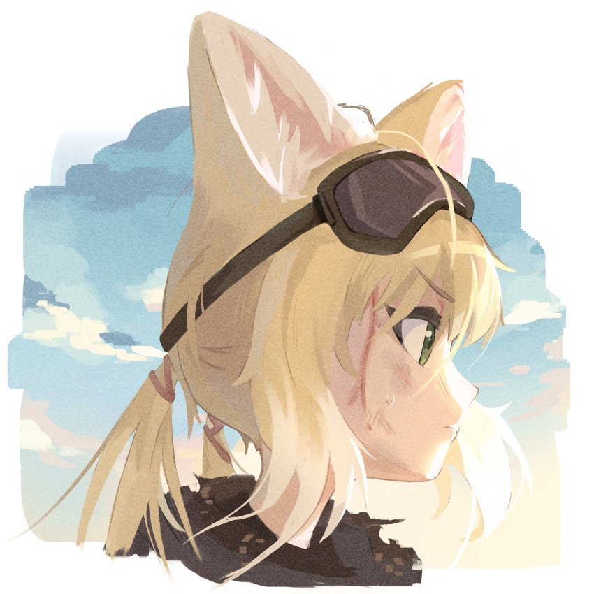 1girl animal_ears arknights blonde_hair bruise bruise_on_face closed_mouth commentary eyewear_on_head film_grain fox_ears fox_girl goggles goggles_on_head green_eyes highres injury kattowu looking_to_the_side multicolored_hair portrait solo suzuran_(arknights) suzuran_(lostlands_flowering)_(arknights) twintails two-tone_hair white_hair