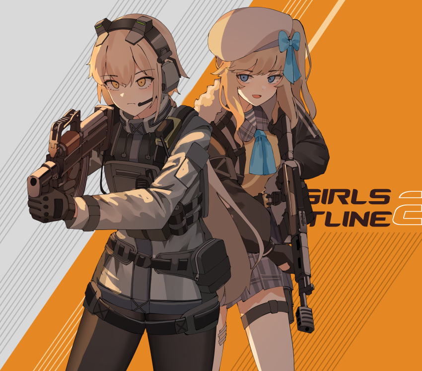 2girls absurdres aiming beret blonde_hair blue_eyes blue_ribbon copyright_name counter-strike_(series) cowboy_shot ear_protection english_commentary frown fur_collar gar32 gauze girls'_frontline_2:_exilium girls_frontline gloves gun hair_between_eyes hat highres holding holding_gun holding_weapon long_sleeves looking_away magazine_(weapon) multiple_girls muzzle_brake neck_ribbon open_mouth ots-14 ots-14_(girls'_frontline) parody plaid plaid_skirt plate_carrier ribbon shirt short_hair side_ponytail skirt smoke_grenade standing striped striped_shirt tactical_clothes thigh_pouch vepley_(girls'_frontline_2) vepr-12 vertical_foregrip vest weapon white_headwear yellow_eyes yellow_vest