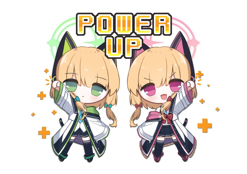 2girls :&lt; animal_ear_headphones animal_ears arm_up blonde_hair blue_archive blue_necktie blush bow cat_ear_headphones cat_tail chibi closed_mouth commentary_request english_text expressionless fake_animal_ears full_body green_eyes hair_between_eyes hair_bow halo headphones highres jacket medium_hair midori_(blue_archive) momoi_(blue_archive) momori_sensei multicolored_clothes multicolored_jacket multiple_girls necktie open_clothes open_mouth parted_bangs pleated_skirt siblings simple_background sisters skirt smile standing tail thigh-highs twins white_background wide_sleeves