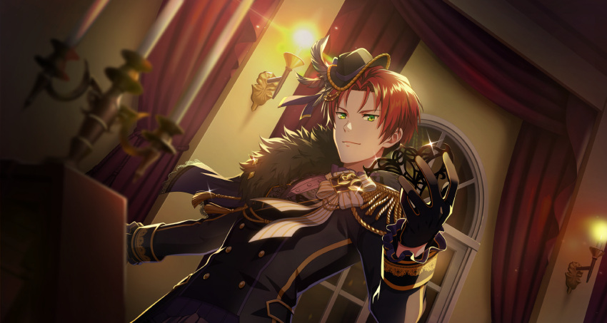 1boy black_gloves buttons curtains epaulettes gloves green_eyes hat highres idolmaster idolmaster_side-m idolmaster_side-m_growing_stars indoors long_sleeves looking_at_viewer male_focus mayumi_eishin mini_hat official_art redhead short_hair smile solo window